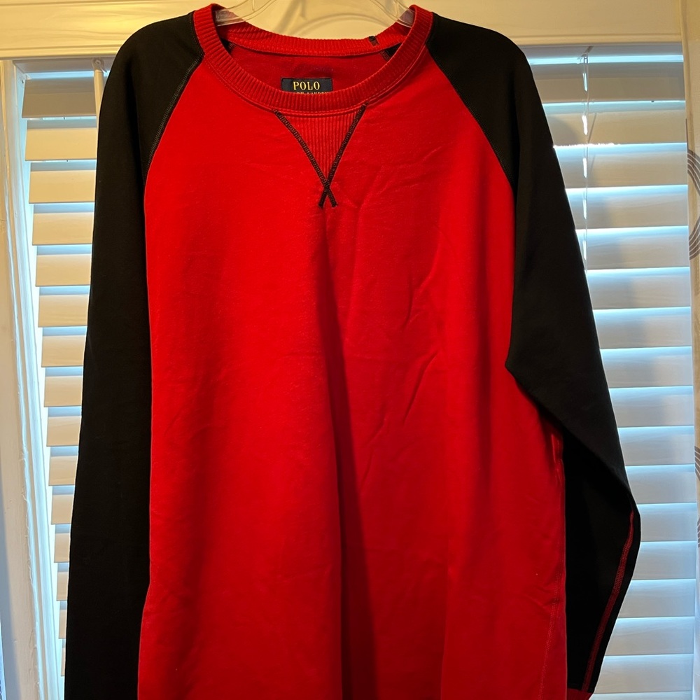 Brand:  Ralph Lauren:  red and navy blue sweatshirt